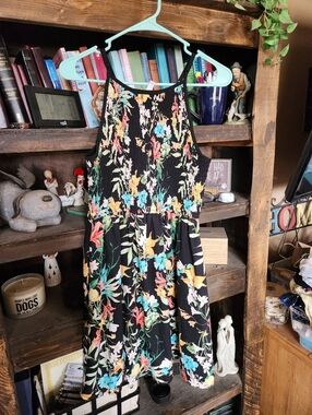 Xhilaration Black Floral Smocked Dress with Coral, Aqua & Yellow Accents